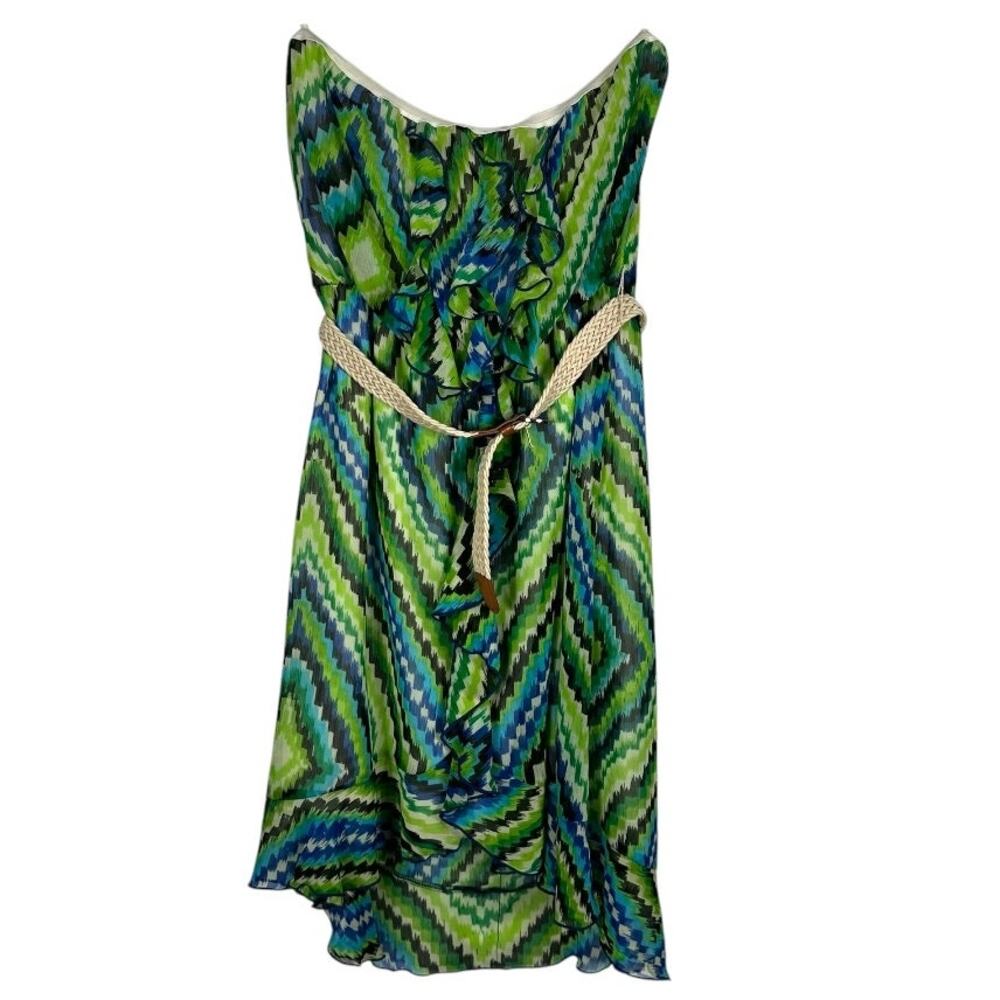 I.N. San Francisco Green Black Blue Strapless Belted Dress Large
